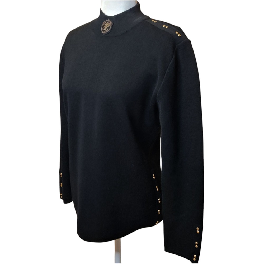 FABRICE KAREL PARIS‎ Black Mock Neck Sweater Embellished Gold Detail Women's M